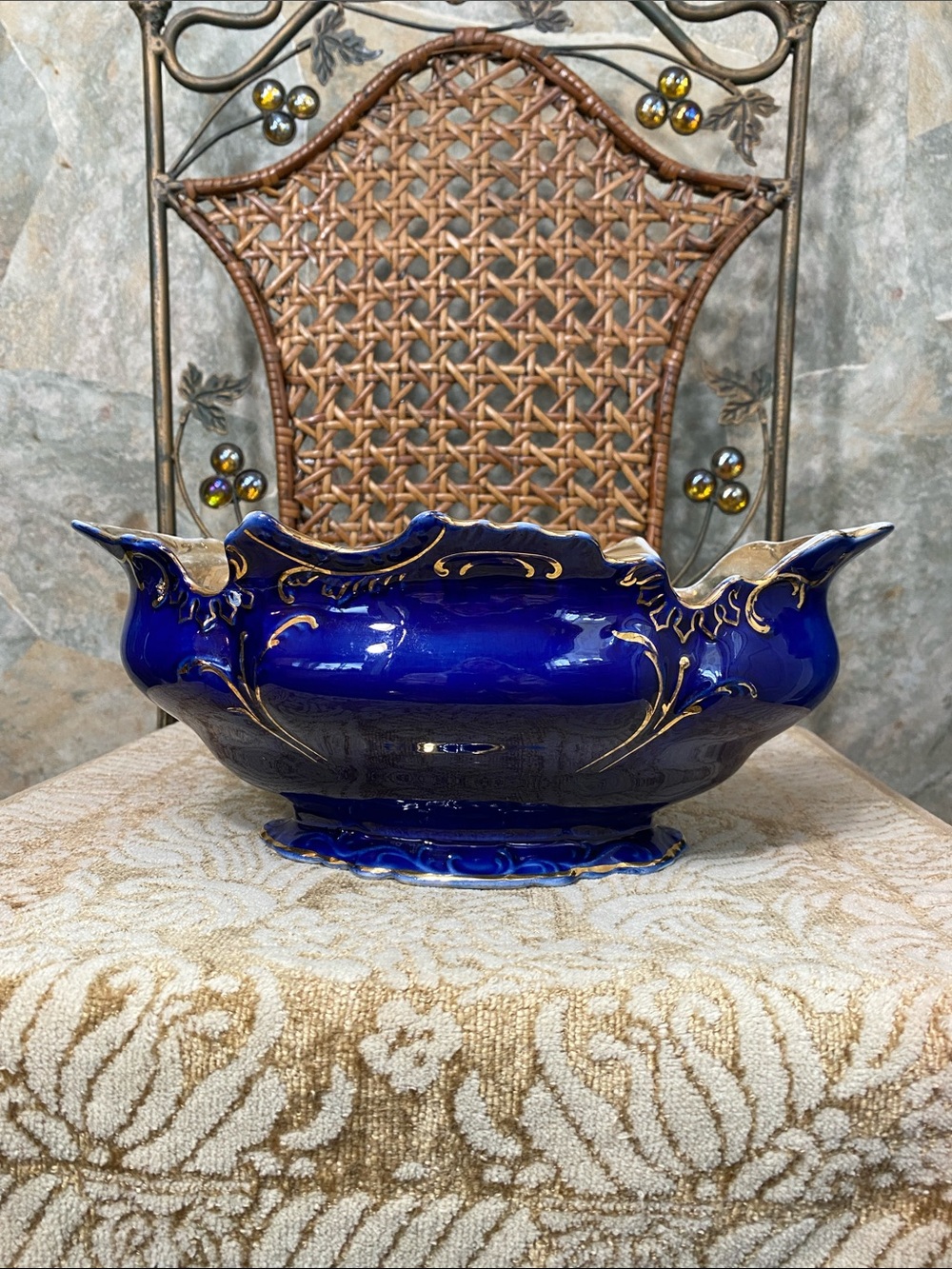 Taylor Smith fluted scalloped cobalt blue gold trimmed serving bowl dish